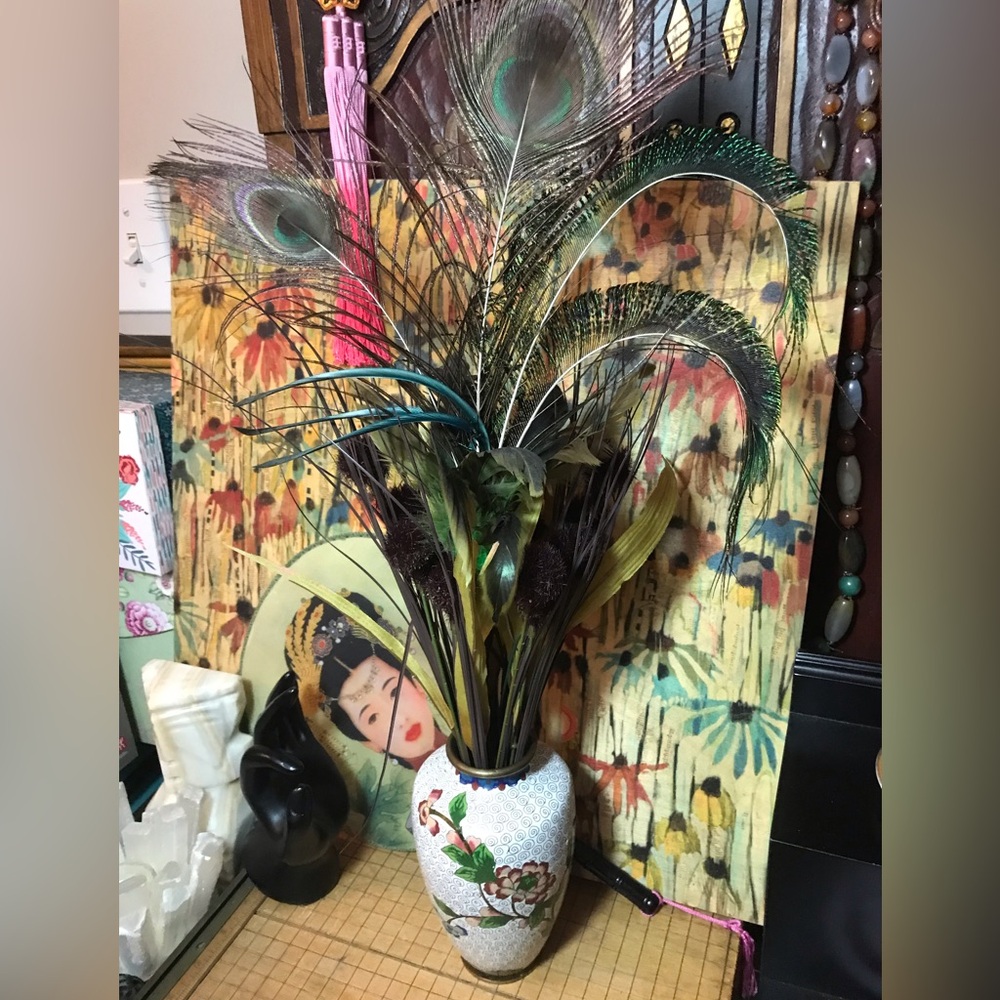 Vintage Cloisonné Vase White, Red Blue w Artificial Feather Floral Arrangement